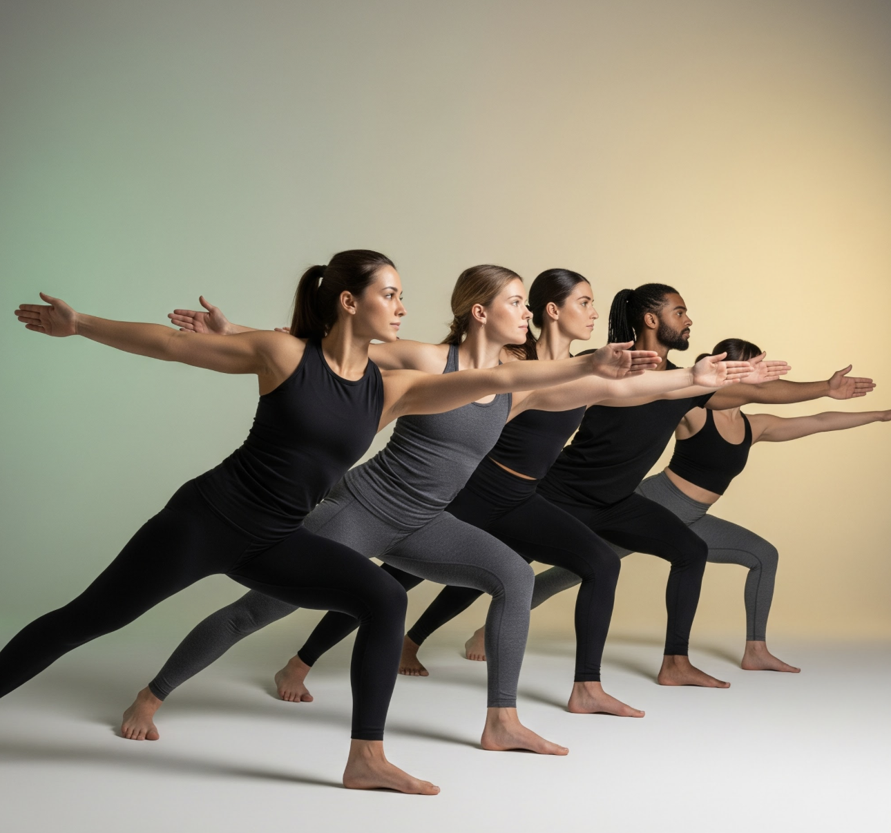 Group coed Yogis practicing yoga in a Warrior 2 stance