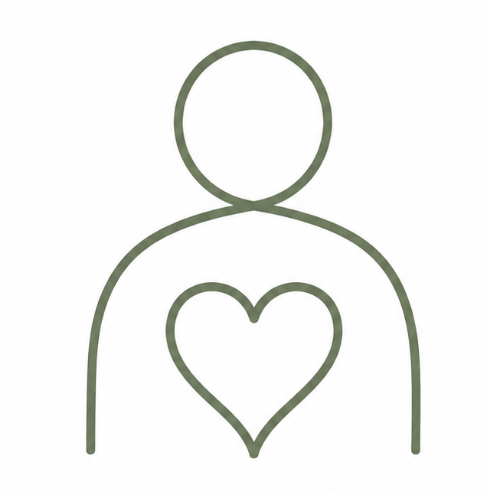 Minimalist sage green illustration of a heart within a human outline representing compassionate, personalized wellness support.