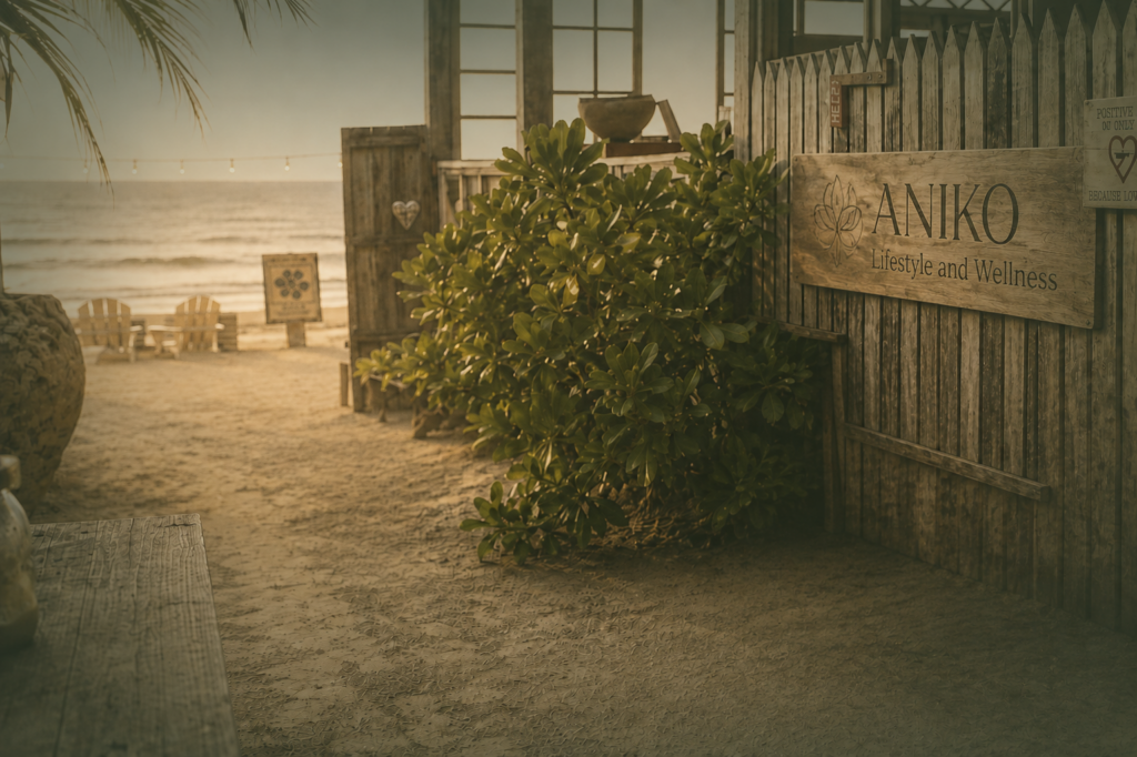 Lovely, calm, quiet serene beach encouraging peace, relaxation and rest ANIKO sign on the wooden plank present for welcoming all to join.