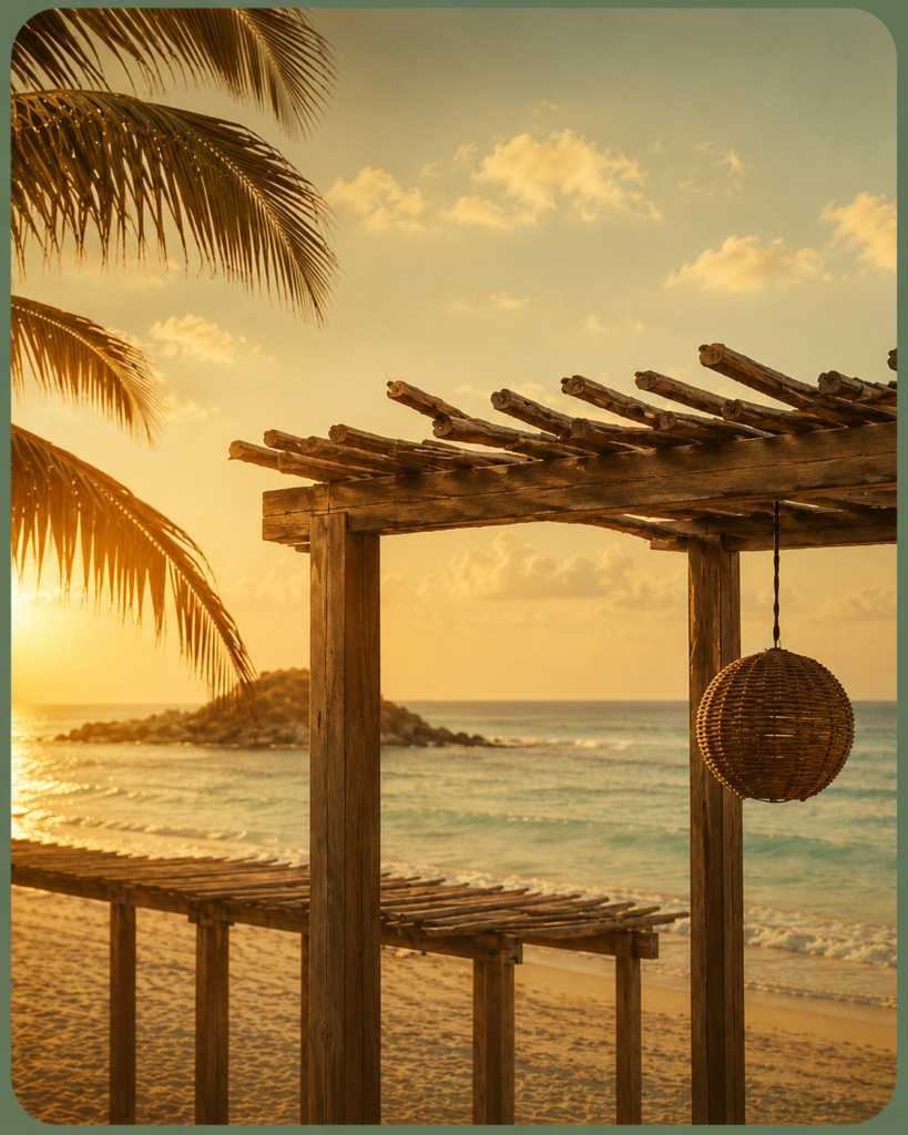 Beach pergola scene welcoming you to this serene setting of peace, gratitude, and well-being to encourage nervous system regulation.