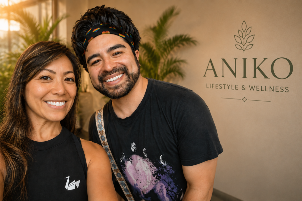 Two friends smiling and enjoying their time at ANIKO Lifestyle and Wellness, where they are able to reconnect with themselves and each other to help with nervous system regulation and sustainable recovery.
