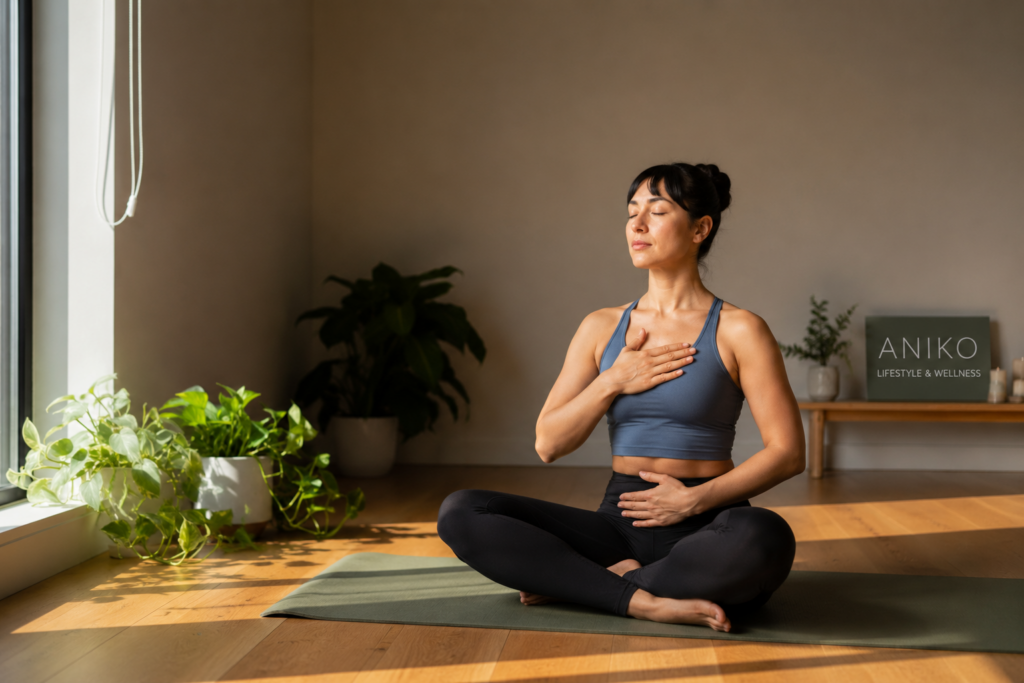 Woman practicing breathwork and body awareness in a peaceful wellness studio for nervous system regulation.