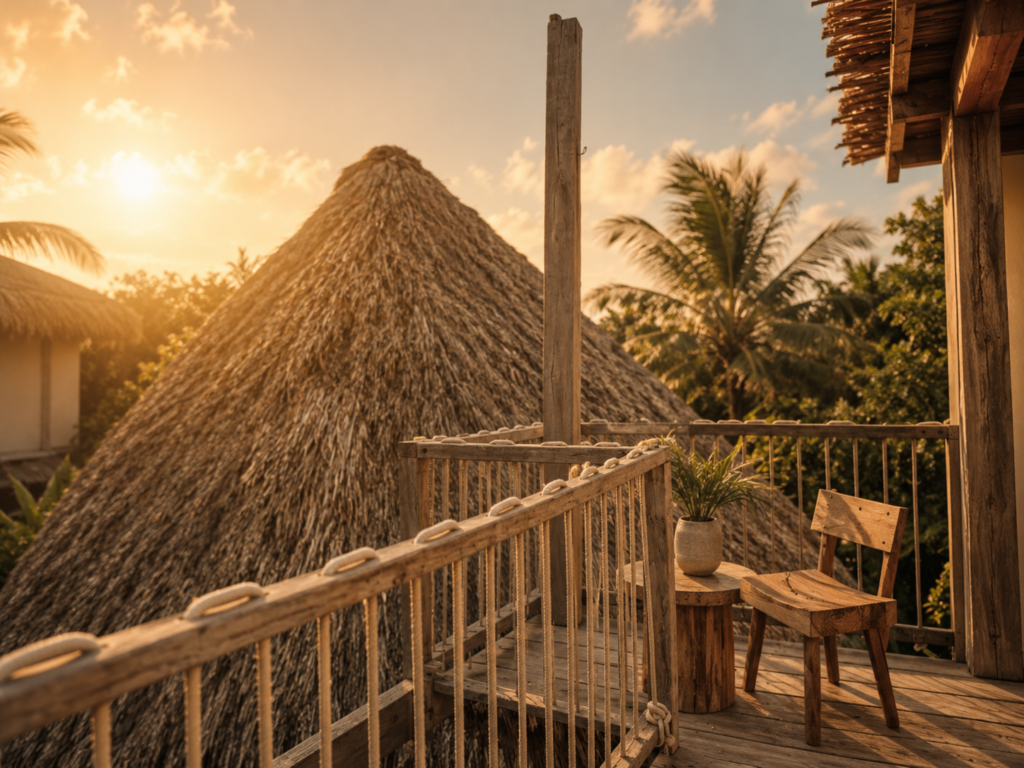 Table set rooftop on beach resort with single chair and plant on the table welcoming all who to join the peaceful view amongst the sky, sun, and beach.