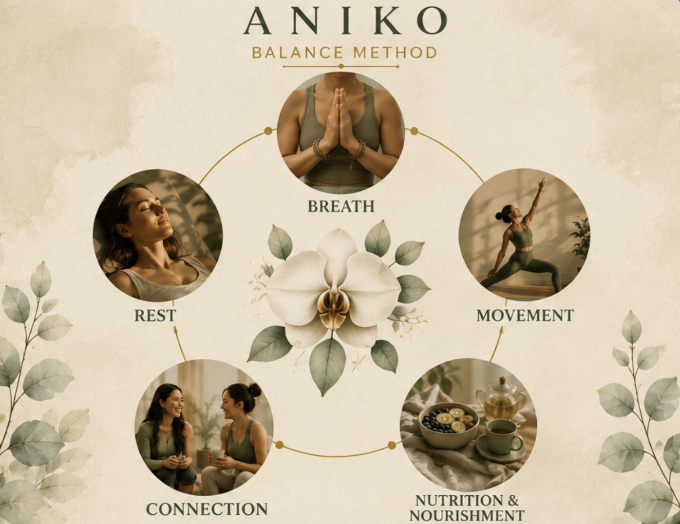 The infographic for The ANIKO Balance Method for nervous system regulation depicting the five pillars that comprise this method.