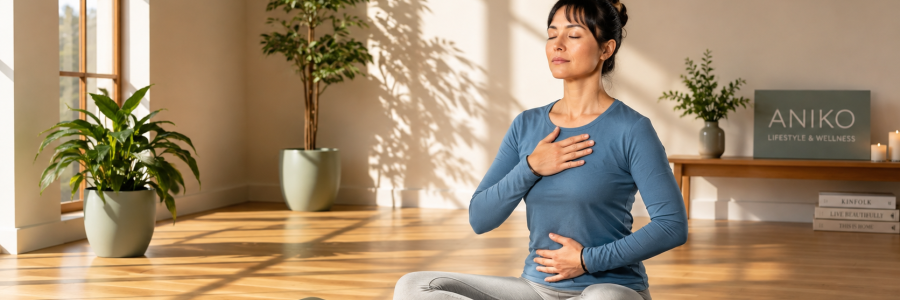 Woman practicing diaphragmatic breathing for stress relief in a calm wellness studio